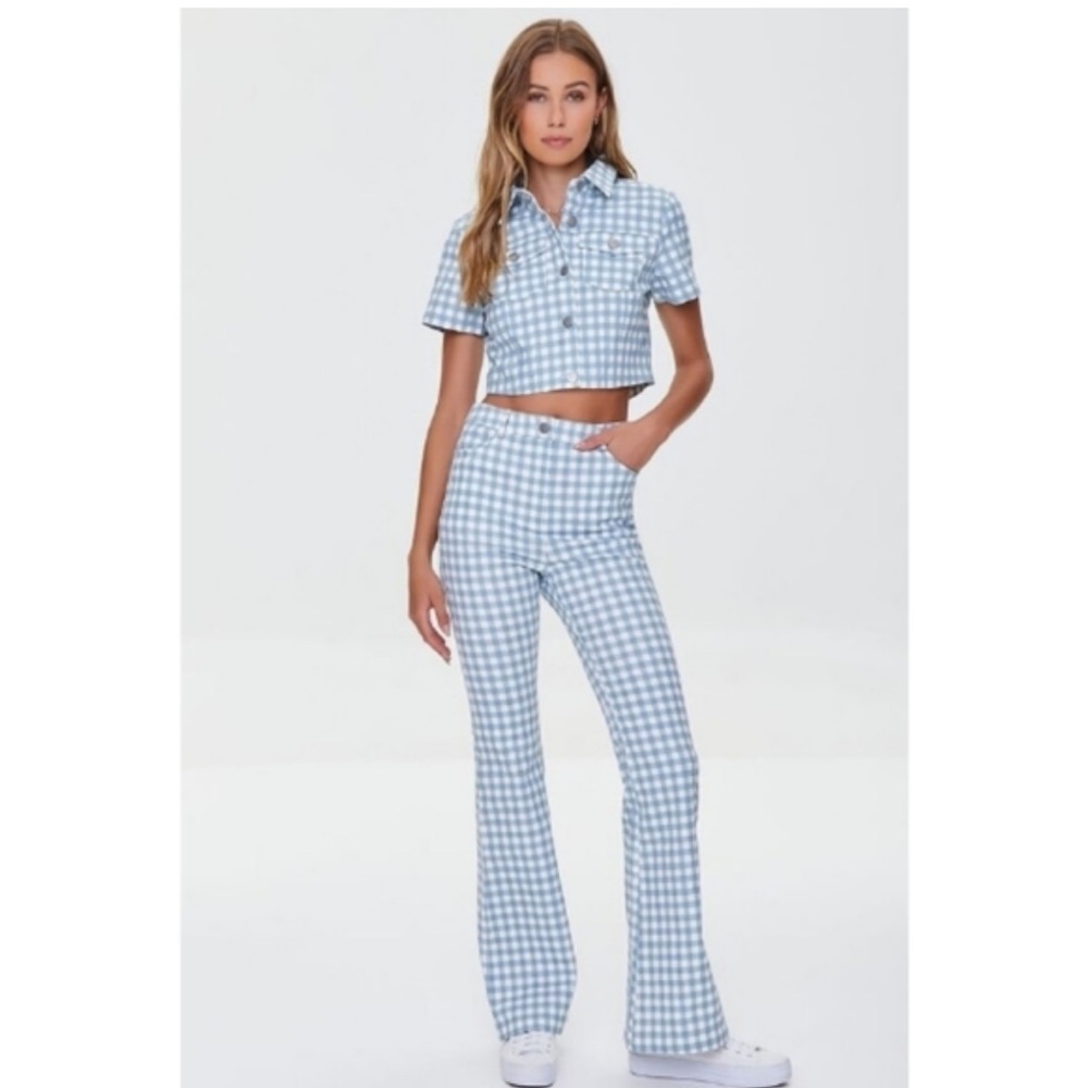Forever 21 Blue and White Checkered Flare Jumpsuit